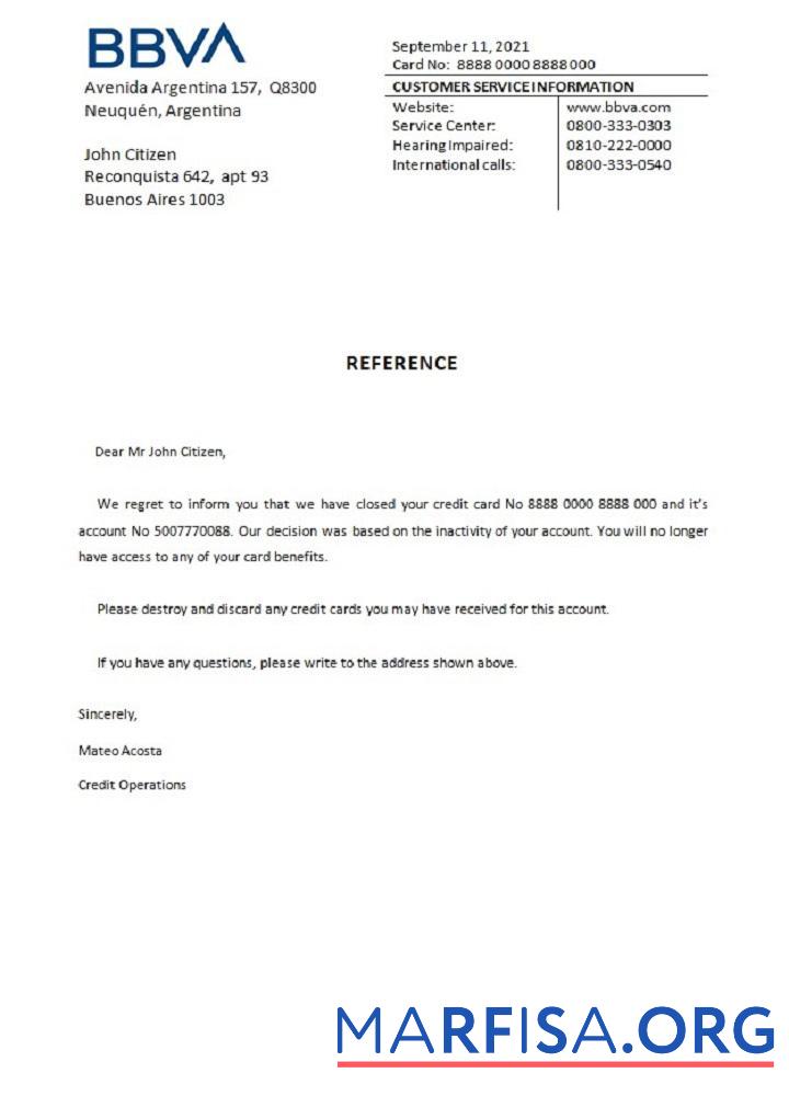 Blank Argentina BBVA bank closure reference sample